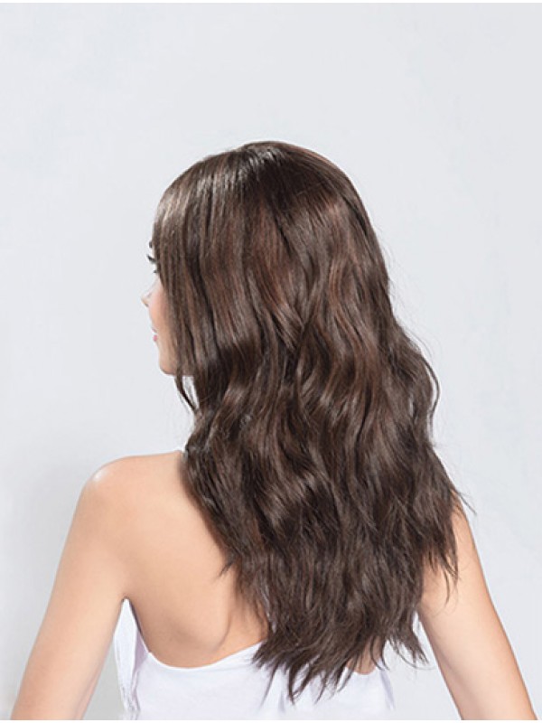 18" Long 100% Hand-tied Wavy Without Bangs Brown Sleek Wigs Human Hair