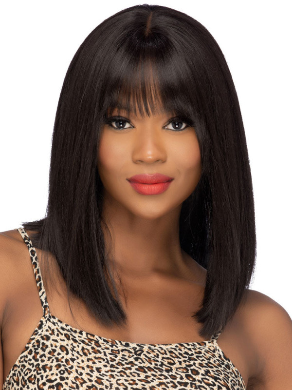 14" Shoulder Length Lace Front With Bangs Wigs Human Hair