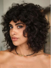 Black Curly 14" Medium Length Wigs With Bangs