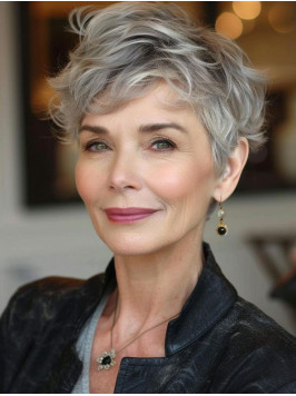Silver Grey Wigs 6" Short Capless Wavy Boycut...