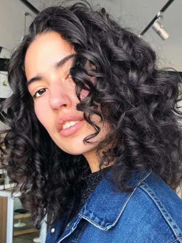 Medium Curly 100% Human Hair Black 14" Without Bangs Wigs