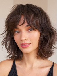 12" Brown Synthetic Layered Monofilament Chin-length Wavy Wigs