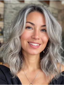 Grey Without Bangs Lace Front Synthetic 14" S...