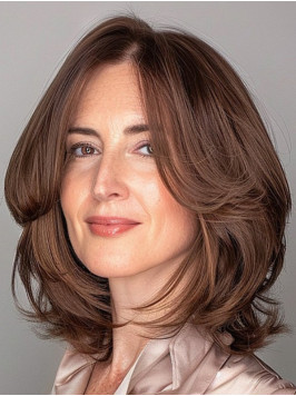 14" Layered Shoulder Length Brown Wavy Synthe...