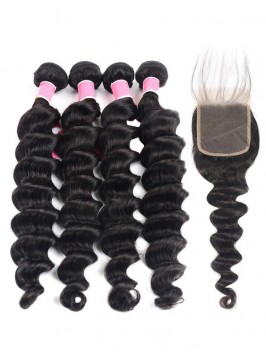 Peruvian Human Hair 4pcs Loose Deep Wave with Lace...