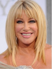 Suzanne Somer'S Blonde Straight Medium Remy Human Hair Wigs With Bangs 14 Inches