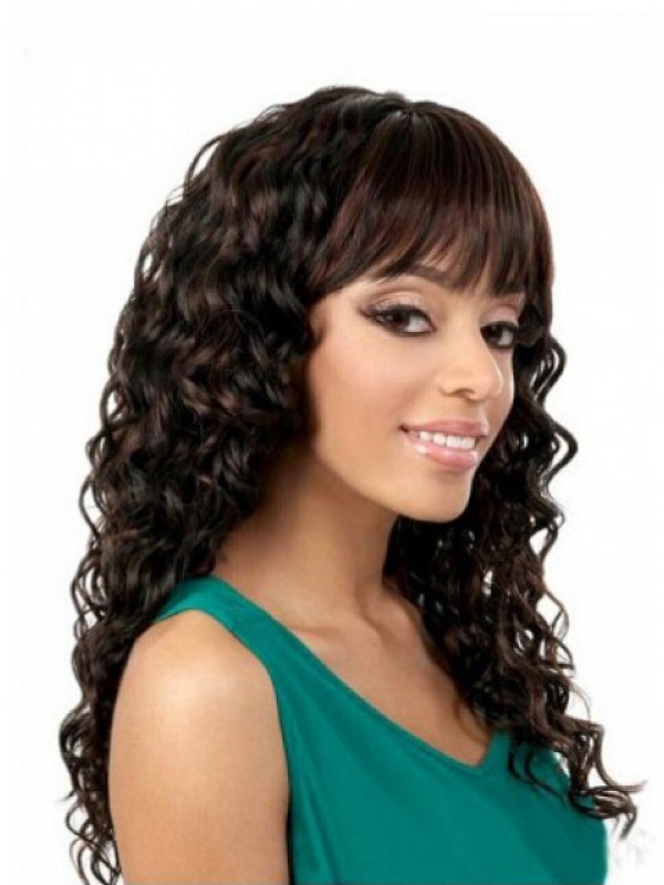 Afro-Hair Brown Long Curly Capless Synthetic Wigs With Bang 22 Inches