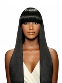 Black Straight Capless Long Human Hair Wig With Bangs 24 Inches