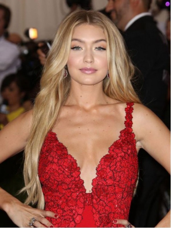 Gigi Hadid Blonde Central Parting Long Wavy Capless Human Hair Wigs