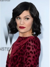 Jessie J Bob Style Short Wavy Monofilament Human Hair Wigs With Side Bangs