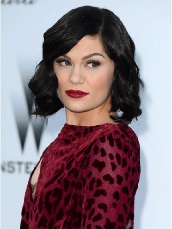 Jessie J Bob Style Short Wavy Monofilament Human Hair Wigs With Side Bangs