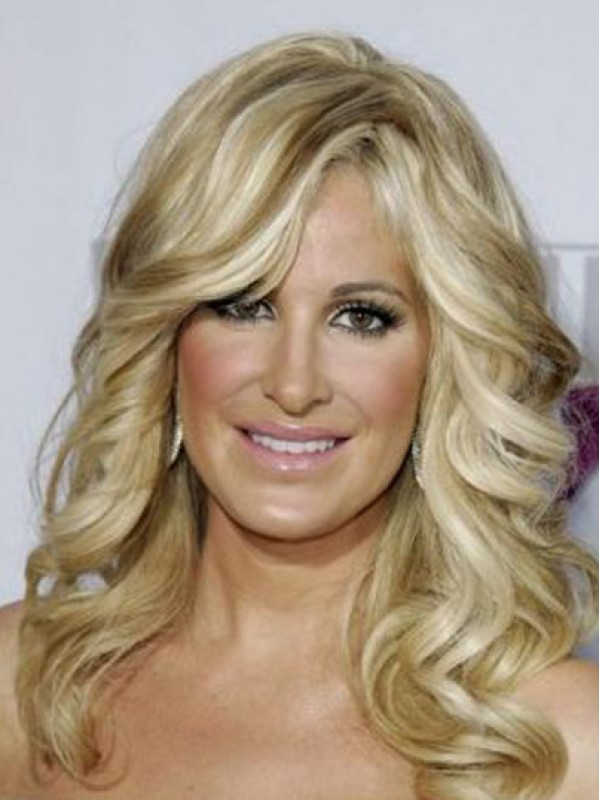 Kim Zolciak Long Wavy Lace Front Human Hair Wigs With Side Bangs