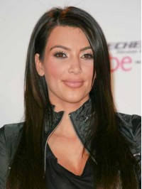 Kim Kardashian Long Black Straight Monofilament Human Hair Wigs With Side Bangs