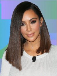 Kim Kardashian Straight Medium Lace Front Human Hair Wigs With Side Bangs