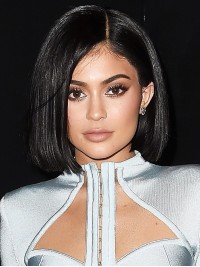 Kylie Jenner Black Short Straight Bob Style Lace Front Human Hair Wigs With Side Bangs