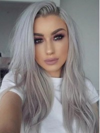 Long Straight Capless Synthetic White Grey Wig With Free Part 16 Inches