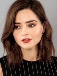 Brown Medium Wavy Lace Front Human Hair Wigs With Side Bangs 14 Inches